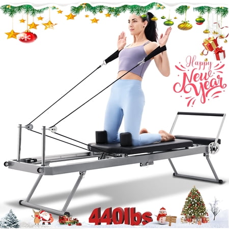 NAIZEA Foldable Pilates Reformer Machine Equipment for Home Workout and Gym, Pilates Exercise Equipment with 5 Metal Resistance Springs - Max Tension 110 lbs, Support Up to 440 lbs, Yoga Ball Include