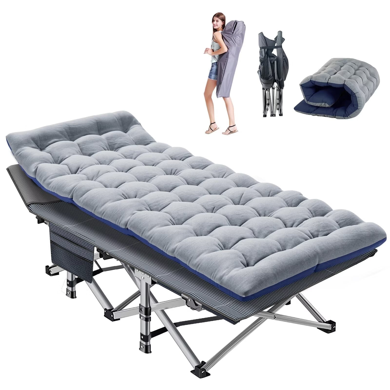 NAIZEA Folding Bed Cot with Mattress,Folding Camping Cot with Carry Bag, 75"L*28"W*14"H,Support