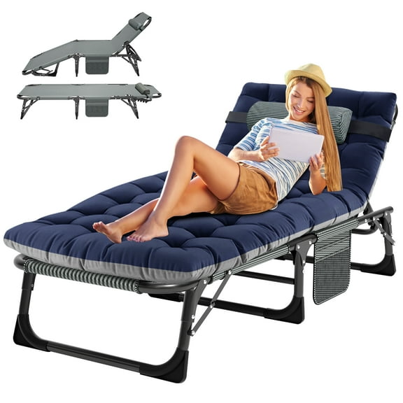 NAIZEA Folding Camping Cot for Adults & Kids, Adjustable 5 Fold Reclining Folding Chaise, 2-Sided Mattress with Pillow, Portable Folding Sleeping Cots Bed