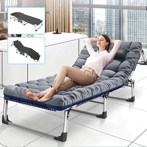 NAIZEA Folding Camping Cot Bed, Adjustable 4-Position Adults Reclining Folding Chaise with Pillow &2-sided cushion , Outdoor Portable Folding Lounge Chair Sleeping Cots