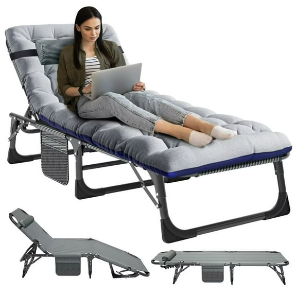 NAIZEA Folding Camping Cot Bed, Adjustable 4-Position Reclining Chaise with Pillow and Pad