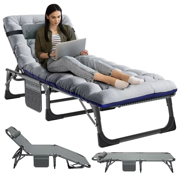 NAIZEA Folding Camping Cot Bed, Adjustable 4-Position Reclining Chaise with Pillow and Pad