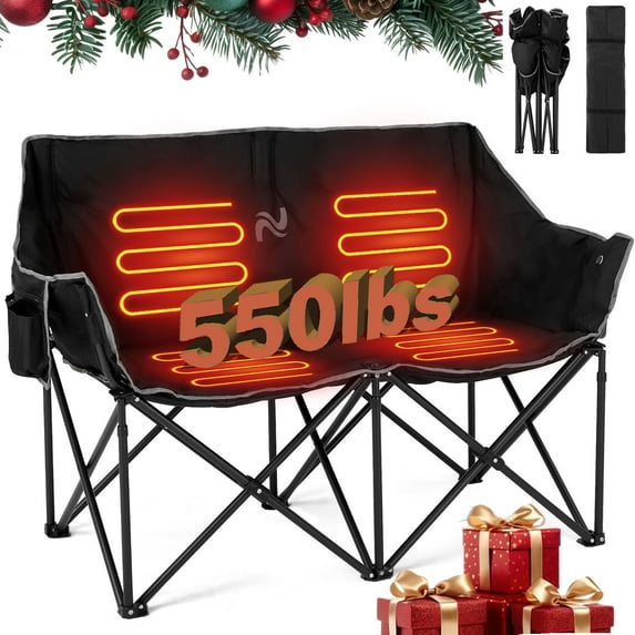 NAIZEA Heated Camping Chair, 2-Person Portable Folding Lawn Chair, 3 Heat Levels, Outdoor Lounge Patio Chair, with Large Pockets and Travel Bag, Black