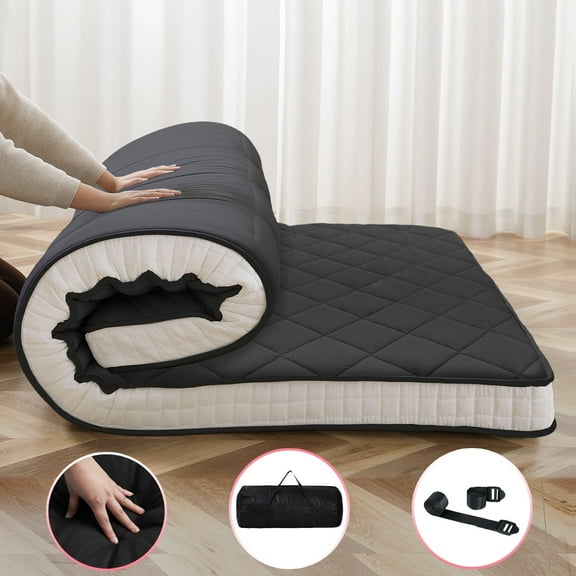 NAIZEA Japanese Floor Mattress, Extra Thick Memory Foam Futon Mattress, Foldable Roll Up Sleeping Pad with Bandage and Storage Bag, Queen, Black