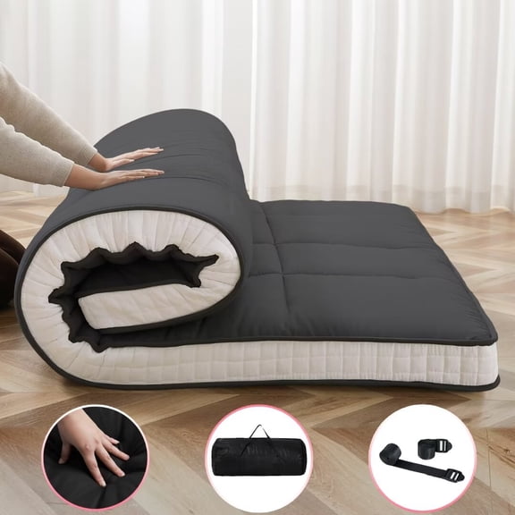 NAIZEA Japanese Floor Mattress, Upgrade 5" Extra Thick Memory Foam Futon Mattress, Foldable Roll Up Sleeping Pad with Bandage and Storage Bag, Full, Black