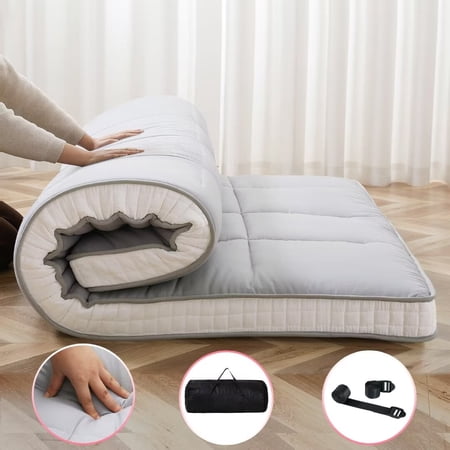 NAIZEA Japanese Floor Mattress, Upgrade Extra Thick Memory Foam Futon Mattress, Foldable Roll Up Sleeping Pad with Bandage and Storage Bag, Full, Grey