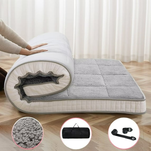 NAIZEA Japanese Floor Mattress, Upgraded Extra Thick Futon Mattress, Foldable Roll Up Sherpa Fleece Sleeping Pad with Bandage and Storage Bag, Queen, Gray