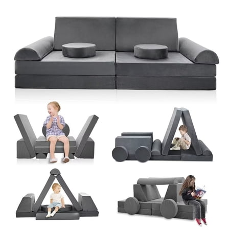 NAIZEA Kids Play Couch Set, 10 PCS Modular Sofa, Creative Fold Out Couch Toddlers Block Sofa, Grey