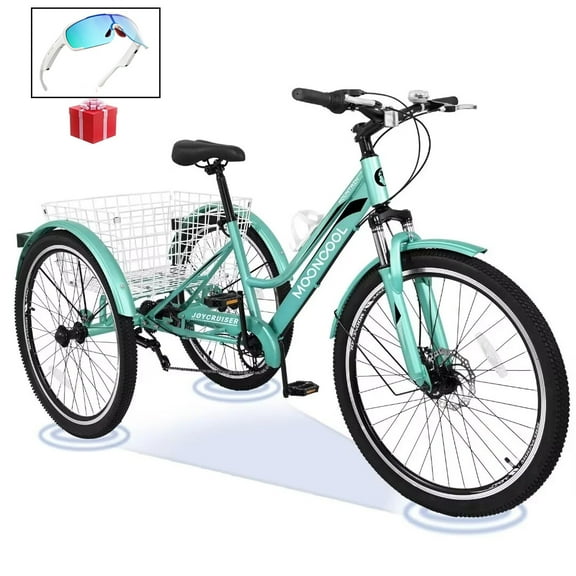 NAIZEA Mountain Tricycle for Adults, 3 Wheeled 7-Speed Mountain Tricycle 24/26/27.5 inch Men's Women's Tricycles Cruiser Bike with Cargo Basket