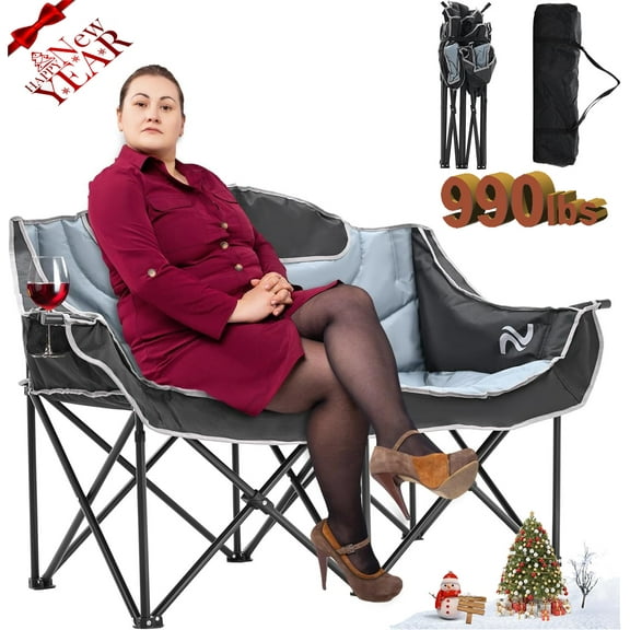 NAIZEA Oversized Camping Chair, 2 Person Fully Padded Camping Chair, Folding Loveseat Camping Couch Double Camping Chairs Heavy Duty Portable Lawn Chair Patio Chair, Supports 990 LBS