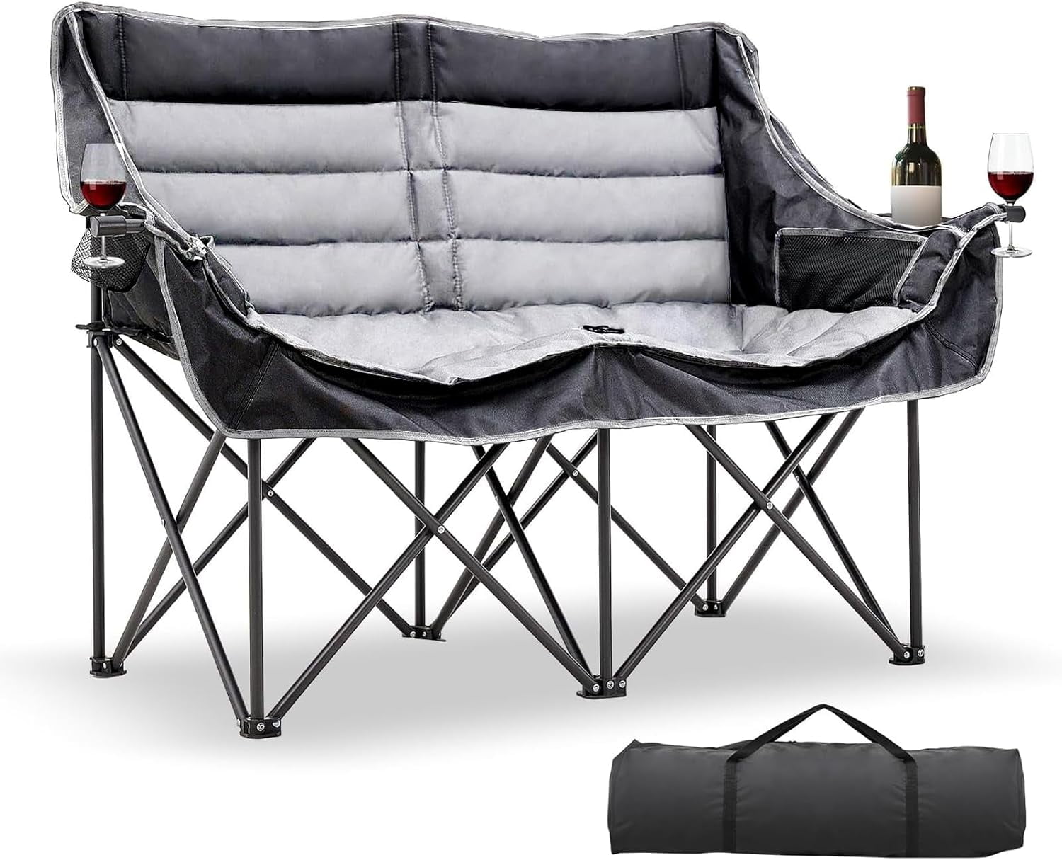 XXXL Black Polyester Double Camping Chair with Arms and Storage Bag