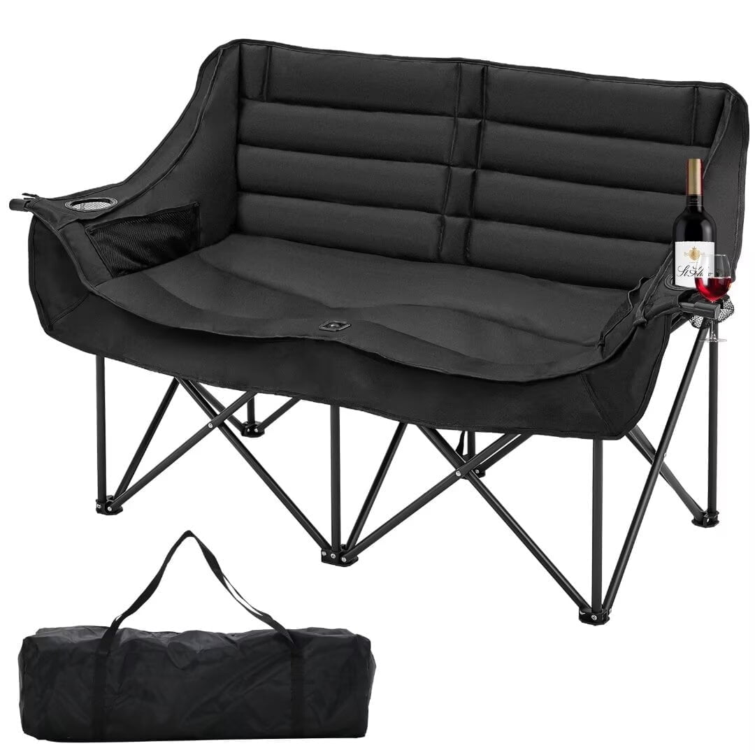 XXXL Black Polyester Double Camping Chair with Arms and Storage Bag