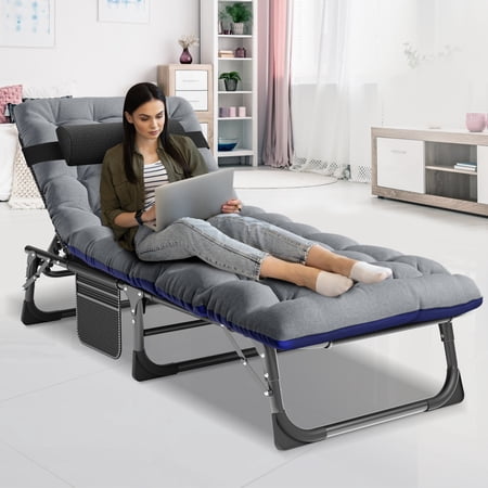 NAIZEA Portable Camping Cot, 4-Position Adjustable Folding Bed, Lounge Chair with Mattress and Pillow, Gray