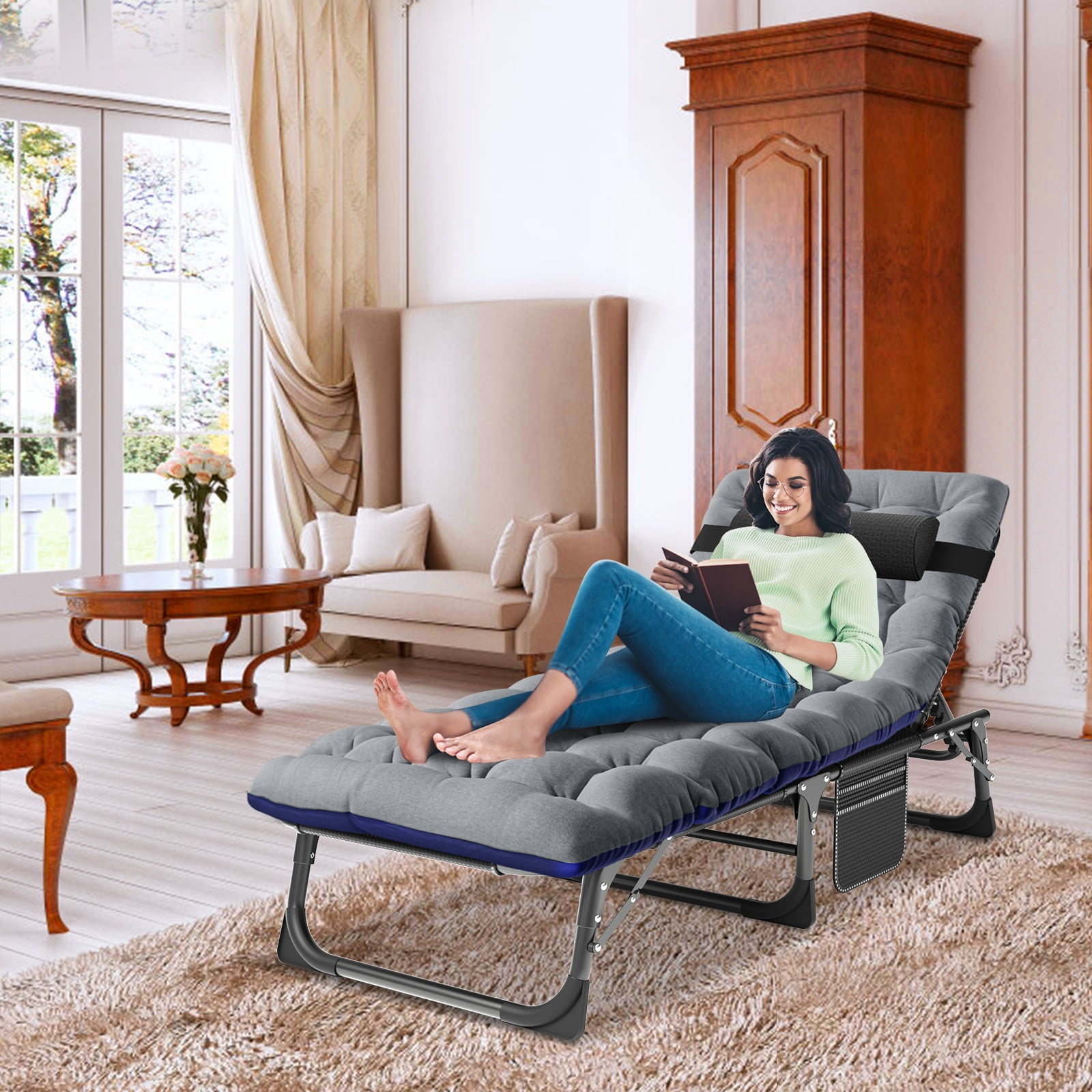 NAIZEA Portable Camping Cot, 4Position Adjustable Folding Bed, Lounge Chair with Mattress and