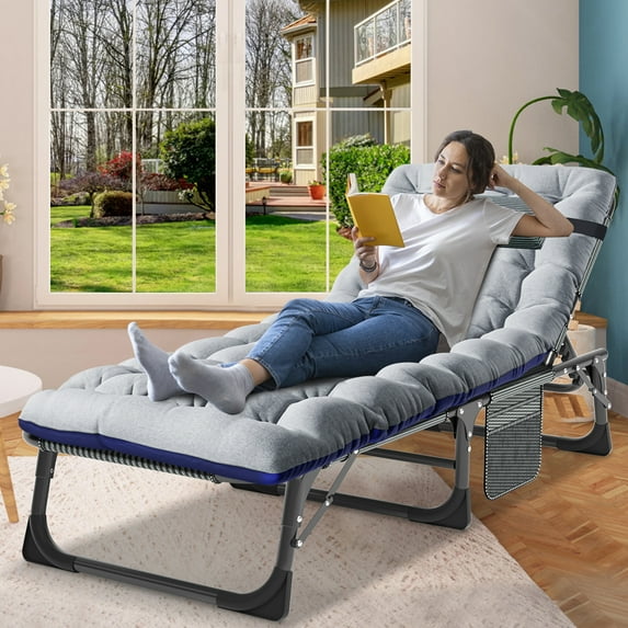 NAIZEA Portable Folding Camping Cot with Mattress & Pillow, Adjustable 5-Position Folding Lounge Chair, Heavy Duty Sleeping Bed