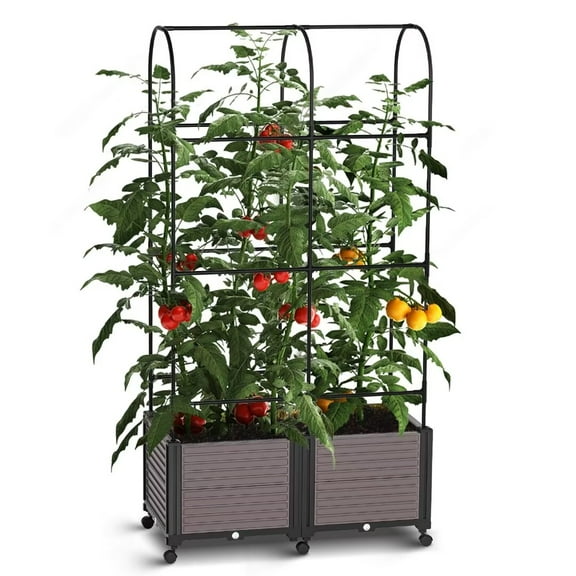 NAIZEA Raised Garden Bed Planter Box with Wheels, Tomato Cage Planter Raised Garden Bed with Trellis for Climbing Vegetables Plants Tomato Cage, Indoor Outdoor Use