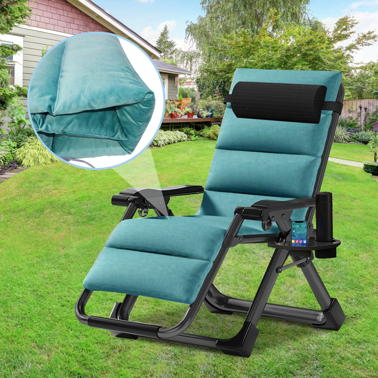 Velour Green Steel Zero Gravity Reclining Chaise Lounge