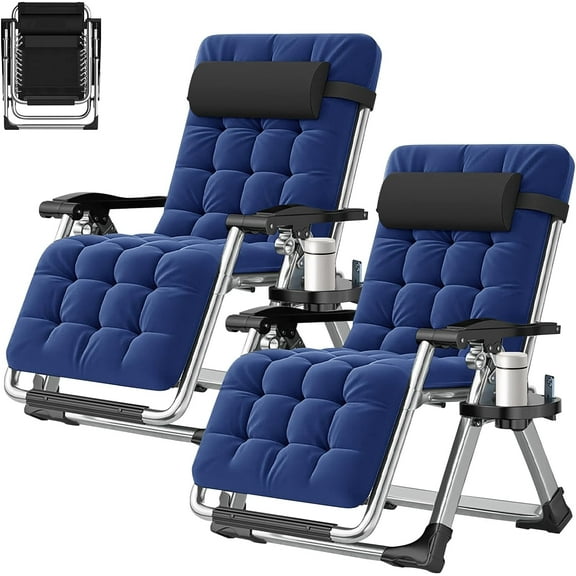 NAIZEA Outdoor Zero-Gravity Lounger Chair, Oversized XL Foldable Recliner with Cushion, Headrest, Cup Holder, Blue