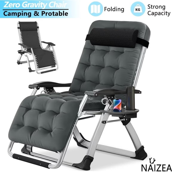 NAIZEA Zero Gravity Chair, Reclining Lounge Chair with Removable Cushion & Tray for Indoor and Outdoor, Ergonomic Patio Recliner Folding Reclining Chair