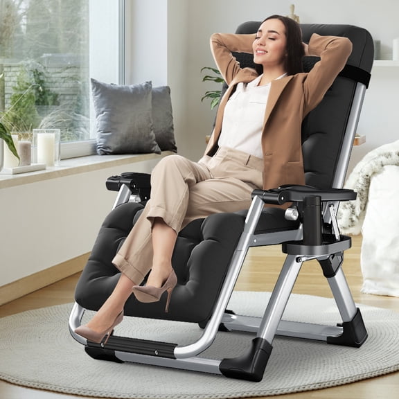NAIZEA Zero Gravity Chair with Removable Cushion and Cup Holder, Black