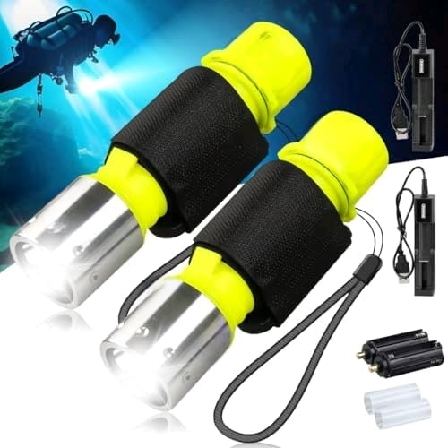 NAKCNM WishDeal 2 Pack Diving Flashlight Underwater LED Scuba Dive Lights Super Bright IPX8 Waterproof 3 Modes for Outdoor Activities with Rechargeable Battery and Charger$$Sport & Recreation Other