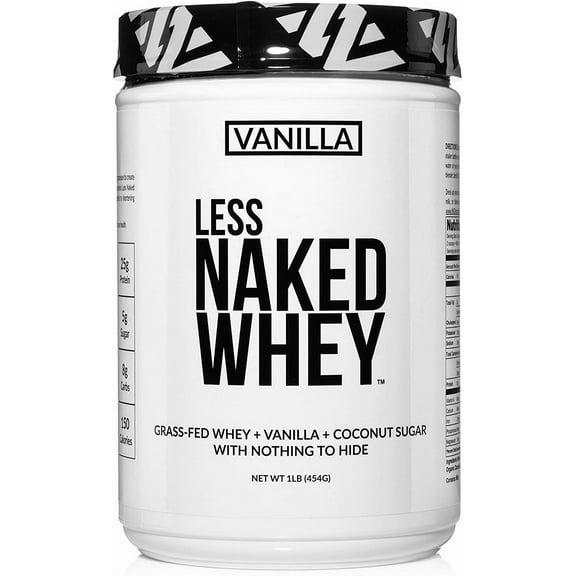 NAKED Nutrition Vanilla Whey Protein 1Lb, Only 3 Ingredients, All Natural Grass Fed Whey Protein Powder + Vanilla + Coconut Sugar- GMO-Free, Soy Free, Gluten Free. Aid Muscle Growth, 12 Servings