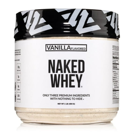 NAKED Nutrition Vanilla Whey Protein 1Lb, Only 3 Ingredients, All Natural Grass Fed Whey Protein Powder + Vanilla + Coconut Sugar- GMO-Free, Soy Free, Gluten Free. Aid Muscle Growth, 12 Servings