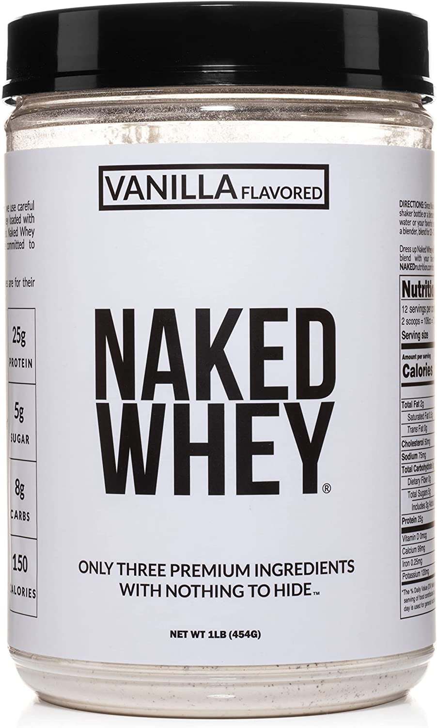 NAKED Nutrition Vanilla Whey Protein 1Lb, Only 3 Ingredients, All Natural Grass Fed Whey Protein Powder + Vanilla + Coconut Sugar- GMO-Free, Soy Free, Gluten Free. Aid Muscle Growth, 12 Servings