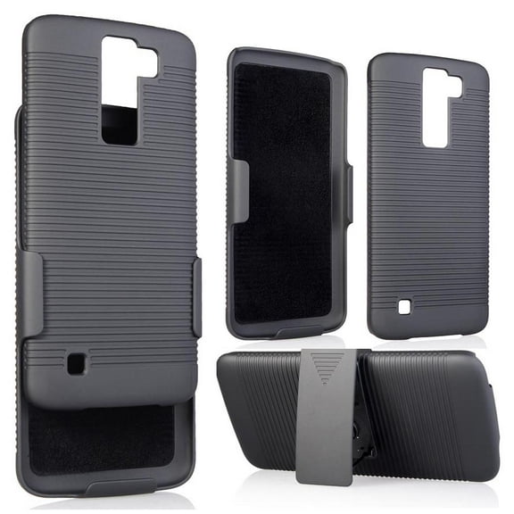 NAKEDCELLPHONE BLACK RIBBED RUBBERIZED HARD CASE and BELT CLIP HOLSTER STAND FOR LG PHOENIX-2, K8, ESCAPE-3, (K350N, K371, AT&T, Cricket, Unlocked)