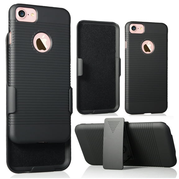 NAKEDCELLPHONE'S BLACK RIBBED RUBBERIZED HARD CASE COVER + BELT CLIP HOLSTER STAND FOR APPLE iPHONE 7/8 (with logo hole)