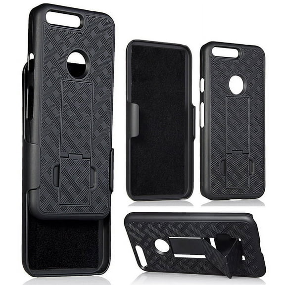 NAKEDCELLPHONE'S BLACK RUBBERIZED KICKSTAND HARD CASE COVER + BELT CLIP HOLSTER STAND FOR GOOGLE PIXEL PHONE