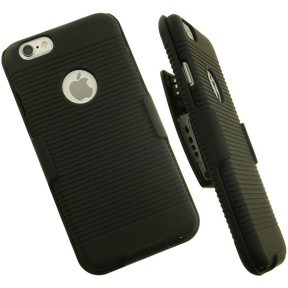 NAKEDCELLPHONE'S NEW BLACK RIBBED RUBBERIZED HARD CASE COVER + BELT CLIP HOLSTER STAND FOR APPLE iPHONE 6 (4.7") WITH HOLE FOR APPLE LOGO