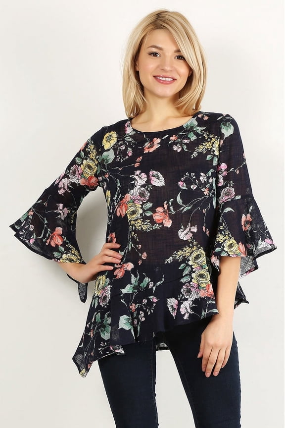 NALGAE WING Plus Size Tunic Top with Asymmetrical Hem and Bell Sleeves (1XL)