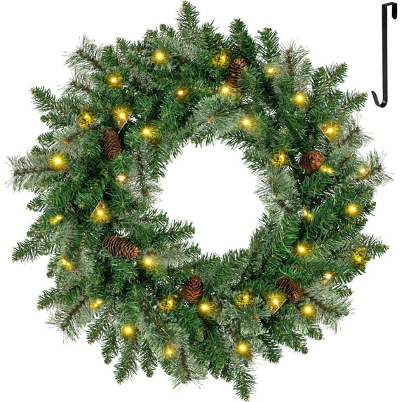 NALONE 24 Inch Christmas Wreath, Pre-Lit Artificial Christmas Wreaths with 40 LED Lights&Timer, Pine Cones and Pine Needles, Xmas Wreath for Front Door Outdoor Indoor Decoration (Green)