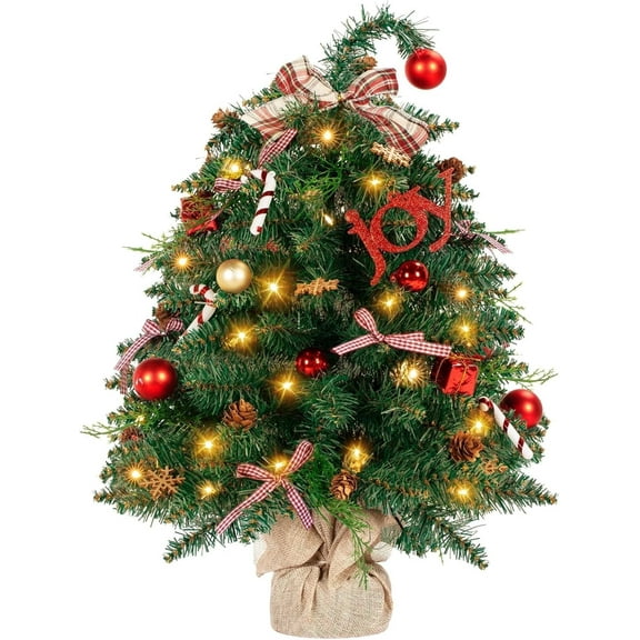 NALONE 24 Inch Mini Christmas Tree with Lights and Timer, Tabletop Christmas Tree with 32 Pcs Balls and Ornaments, Artificial Small Xmas Tree with Pine Cones (Red)