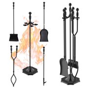 Nalone 5-Piece Wrought Iron Fireplace Tool Set with Fire Poker, Tongs, Shovel & Brush, Heat-Resistant Handles, Wood Stove Accessories for Indoor & Outdoor Fire Pit,Black