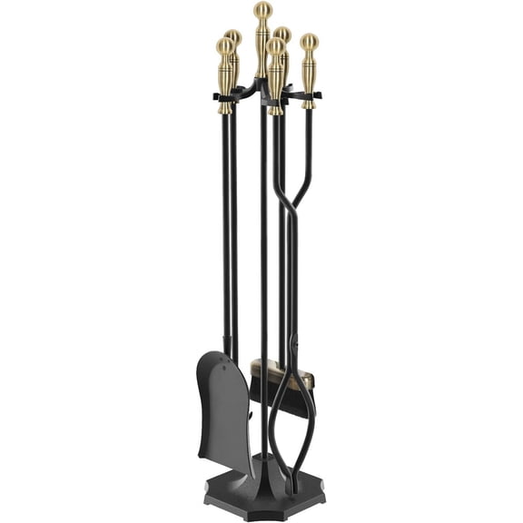 Nalone 5-Piece Wrought Iron Fireplace Tool Set with Fire Poker, Tongs, Shovel & Brush, Heat-Resistant Handles, Wood Stove Accessories for Indoor & Outdoor Fire Pit,Antique Brown