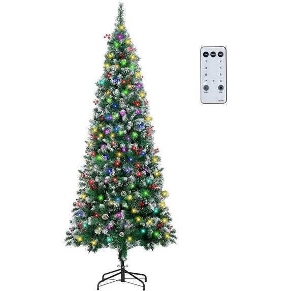 NALONE 6FT Pre-Lit Christmas Tree with Remote Control and Timer, Snow-Kissed Artificial Pencil Christmas Tree with 640 Tips, Pinecones Red Berries, 9 Lighting Modes (Flocked Tips Pencil Tree, 6 FT)