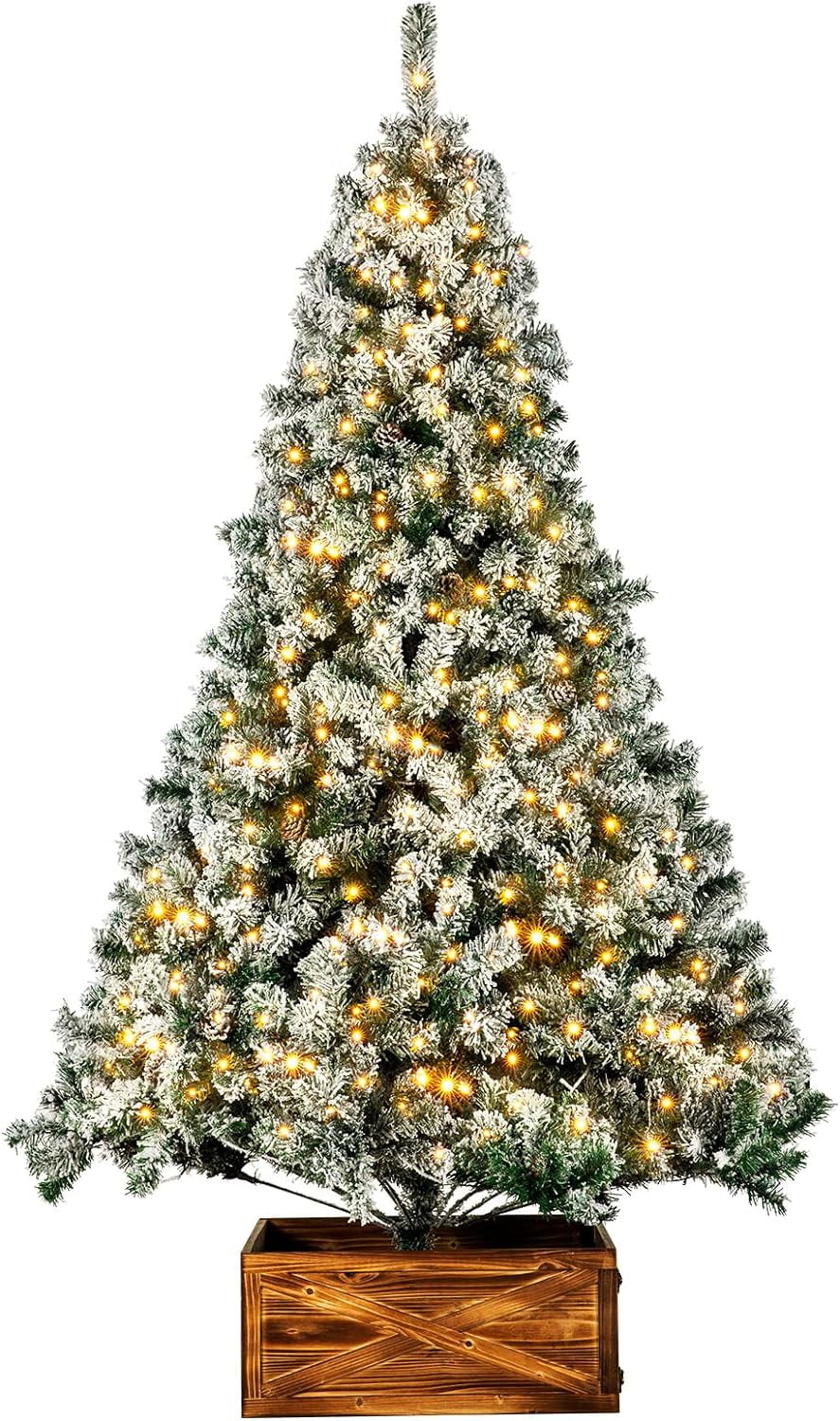 NALONE 7.5 FT Prelit Christmas Tree, Flocked Artificial Xmas Tree w/Pine Cones, 1250 Branch