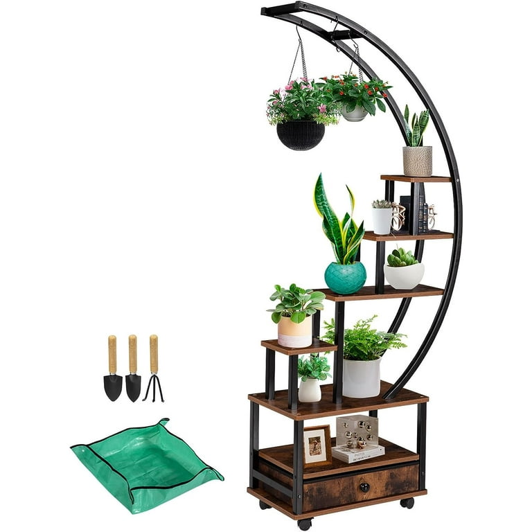 Nalone 7-Tier Half Moon Indoor Plant Stand with Lockable Wheels, 71" Tall Plant Shelf with Drawer & Accessories, Plant Rack for Multi-plants, Plant