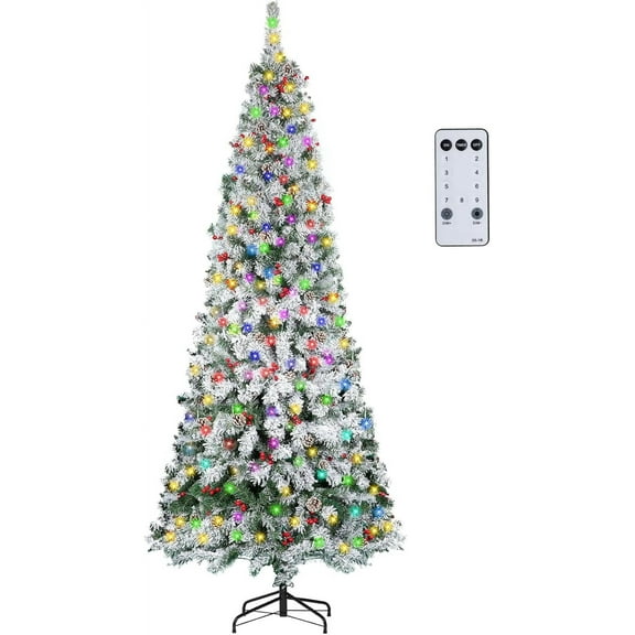 NALONE 7FT Pre-Lit Snow Christmas Tree with Remote Control and Timer, Snow Flocked Artificial Pencil Christmas Tree with 798 Tips, Pinecones Red Berries, 9 Lighting Modes (Snow Pencil Tree, 7 FT)