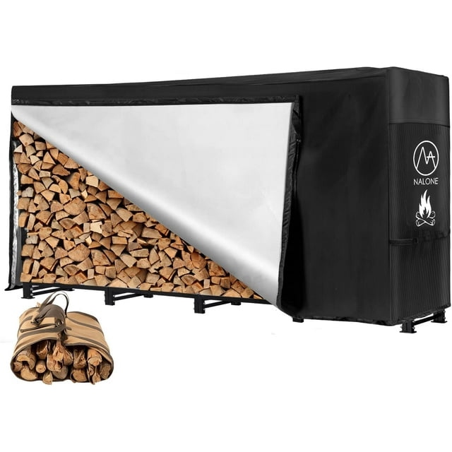NALONE 8FT Outdoor Firewood Rack with Cover&Carry Bag Heavy Duty Square Strong Stand Rack with