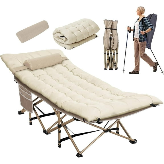 Nalone Folding Camping Cot, Extra Wide Thick Mattress for Adults & Kids, Cots for Sleeping 900 LBS, Folding Cot with Mattress, Heavy Duty Sleeping Cots Camping Bed for Home Office Outdoor(Cream)