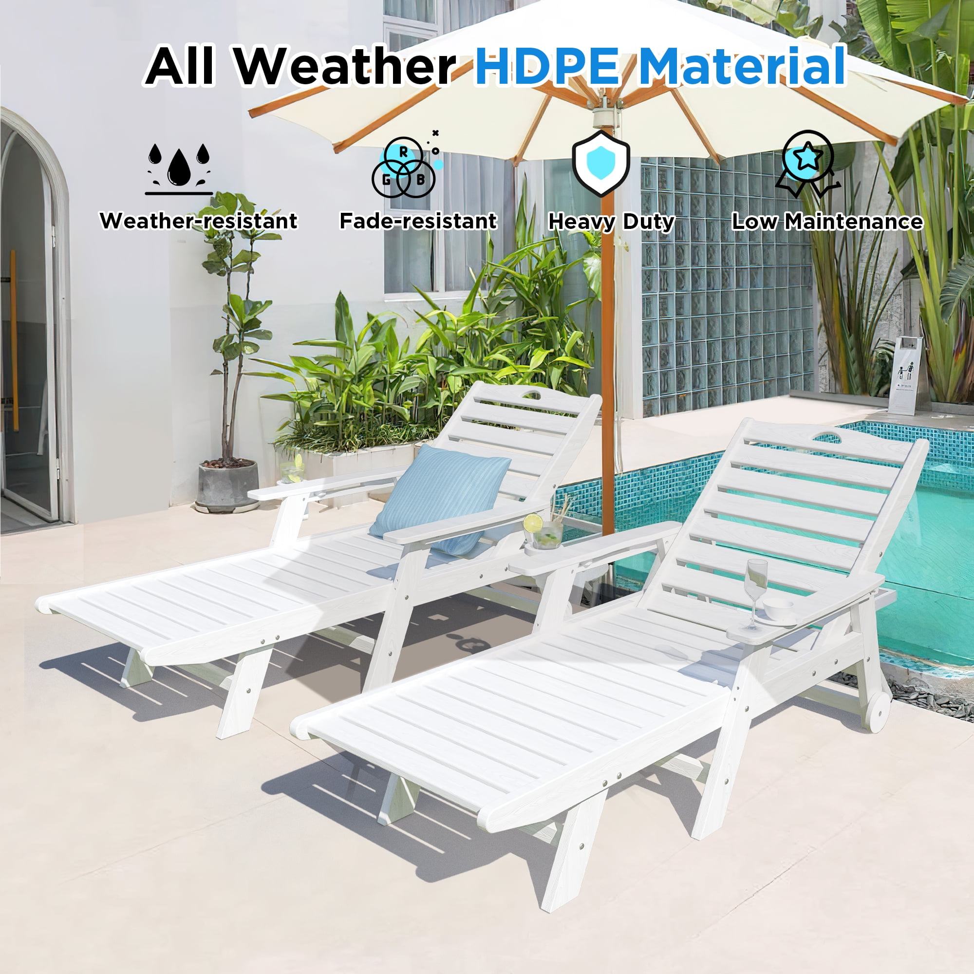 White HDPE Adjustable Outdoor Chaise Lounge Set of 2