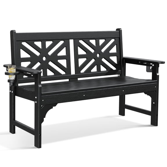 NALONE HDPE Front Porch Bench, Weatherproof Outdoor Garden Park Bench with Built-in Cup Holders, 800 Lbs 2 Person Patio Bench, Rot & Fade Proof Outdoor Bench for Yard, Porch & Park, Black