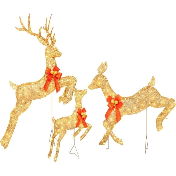 NALONE Large 3 Pieces Lighted Reindeer Christmas Decoration with 210 Warm White LED Lights, Pre-lit 3D Christmas Deer Family Set Decor Outdoor Yard with Stakes, Bow Ties, Mat