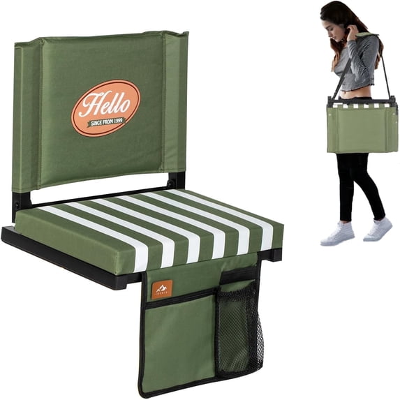 Nalone Stadium Seats for Bleachers with Back Support, Bleacher Seats with Backs and Extra Thick Padded Cushion, Includes Shoulder Straps Carry Handle, and Cup Holder Side Pockets (Green)