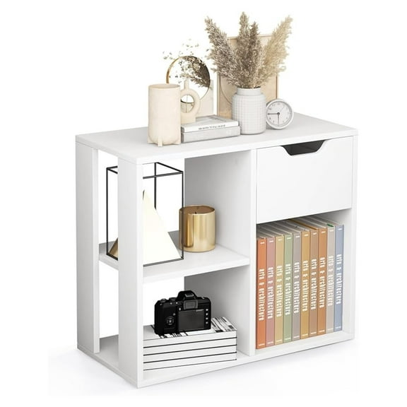 NALYL 3 Cube Bookcase with Drawer, 2 Tier Bookshelf for Small Space, Modern Freestanding Display Rack with Open Shelves, White Book Case, Wood Cube Storage Organizer Bedroom Living Room