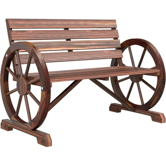 NALYL 41" Wooden Wagon Wheel Bench, Rustic Outdoor Patio Weather Resistance Furniture, 2-Person Slatted Seat Bench with Backrest, Carbonized