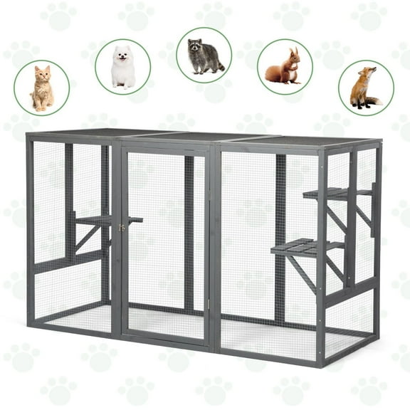 NALYL 43.5"H Large Wooden Cat Enclosure Catio Cage with 3 Platforms - Outdoor Weather-Resistant Cat Run House, Natural Fir Wood Construction, Escape-Proof Wire Mesh, Lockable Double Doors